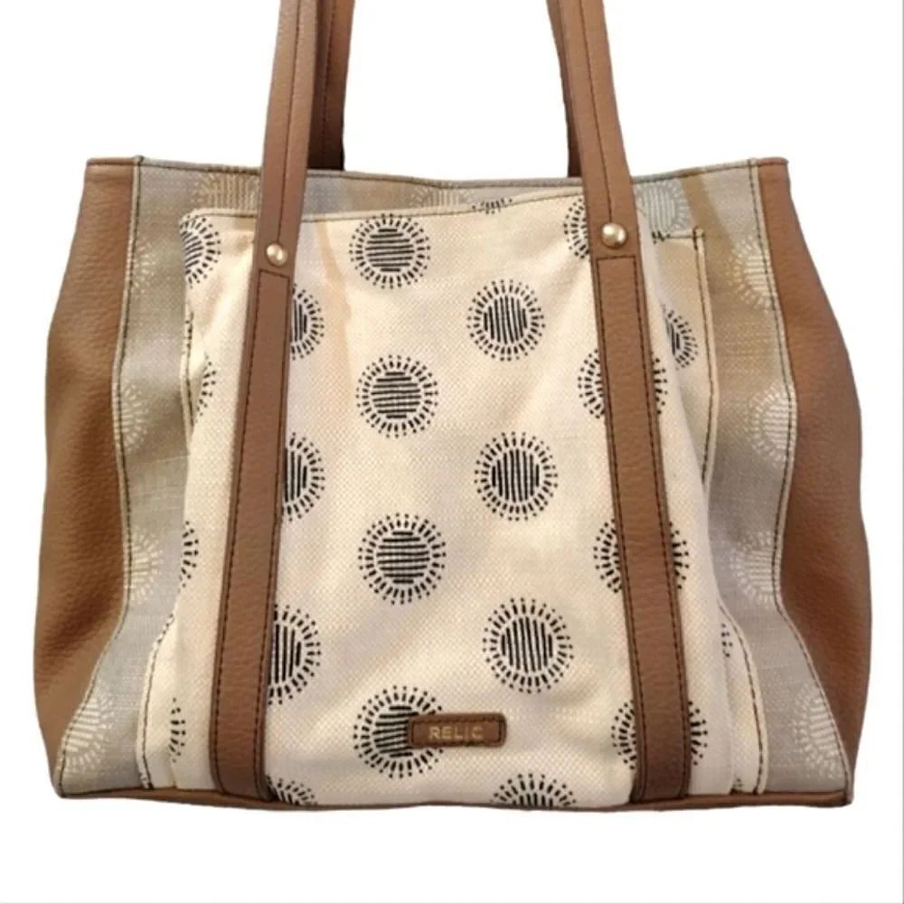 Relic Printed Cream Canvas And Tan Faux Leather Shoulder Tote Bag
